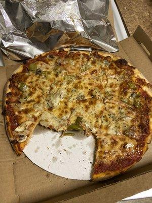 Small sausage green peppers mushrooms onions    Good pizza