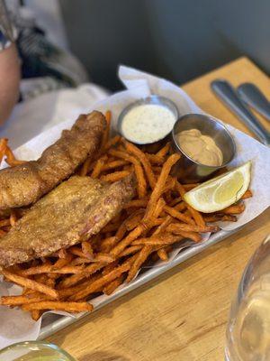 Fish and Chips with sweet potato fries.