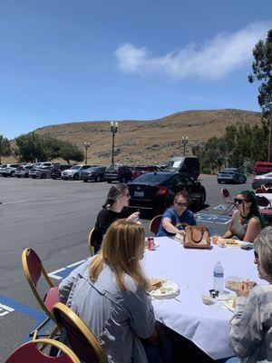 Outdoor eating area and parking