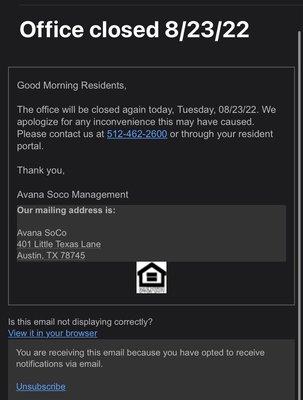 Typical email stating that the office is closed... again