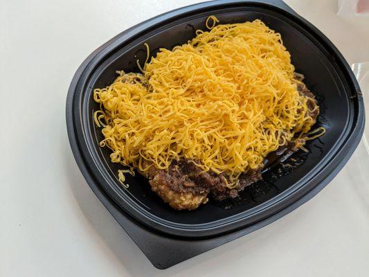 Breakfast Way! Hash brown medallions with Cincinnati chili and cheese