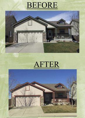 Exterior painting before and after picture. The biggest change from the before to after was the trim color on this house.