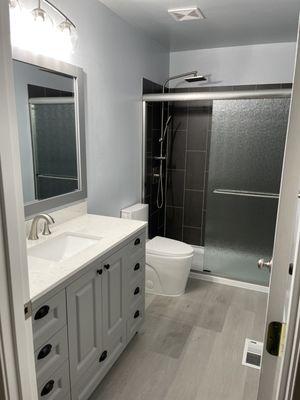 Full bathroom update in Renton. We installed new flooring, new shower, new vanity, new toilet, mirror and light fixture and fresh paint.