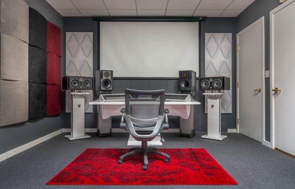 Our Demo Room Lobby Featuring Zaor Desk & Artnovion w/ Grace m905 Monitor Controller, Unity Audio Super Rocks, & Focal Twin6 Studio Monitors