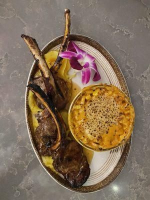 lamb chops with elote and mashed potatoes