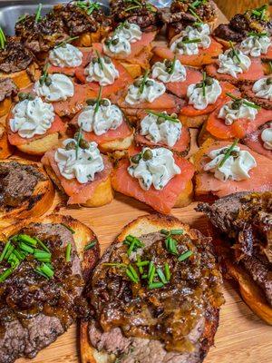 Crostini! Steak with bacon jam and a smoked salmon