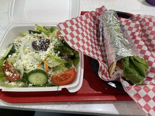 Greek salad, beef & lamb gyro