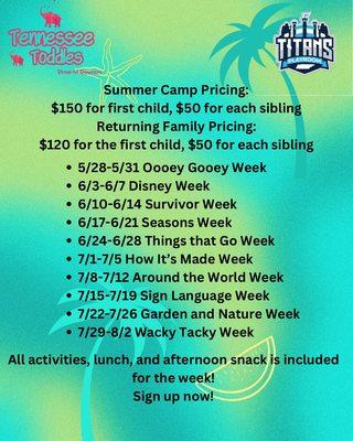 Summer is almost here, we have different themes every week! Let us know how we can help make your kiddos summer great!