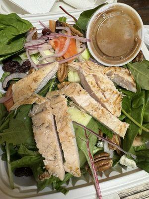 Grilled chicken salad with cranberries, pecans, onions, tomatoes, and a balsamic vinaigrette