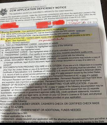 Returned application stating No Personal Checks