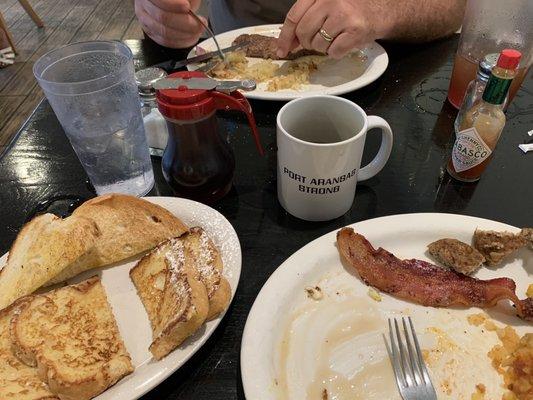 Nice portions this is French toast, American breakfast and steak and eggs