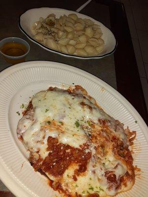 Eggplant Parm.  Shells and Salad.