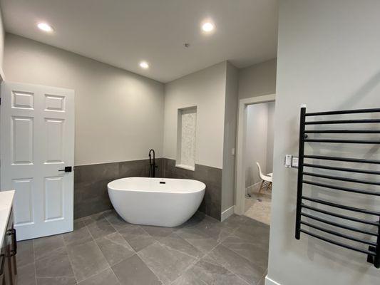 Finished custom bathroom with heated towel bar