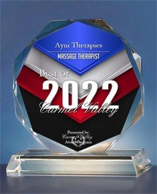 Ayni Therapies was selected as the Winner for the 2022 Best of Carmel Valley Awards in the category of Massage Therapist