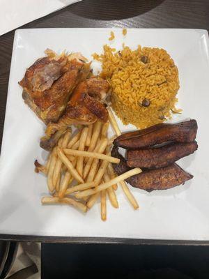 Baked Chicken with yellow rice, French fries, and sweet plantains