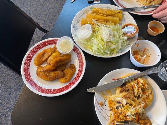 Fried plantains, taquitos and pupusas.