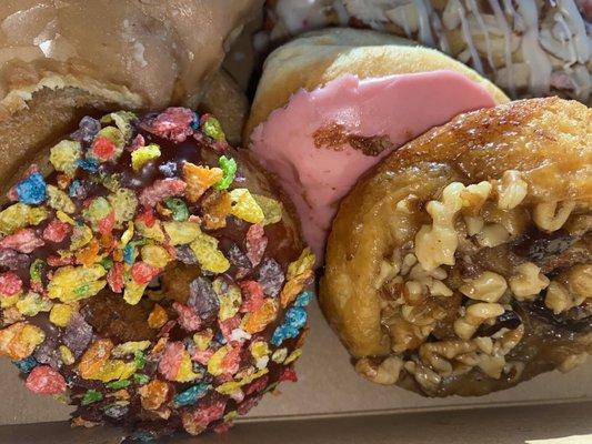 Fruity Pebbles Donut, Sticky Bun, Strawberry Donut