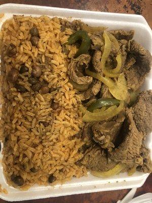 Rice and beans and onions & peppers steak