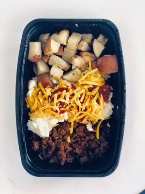 Chorizo Breakfast bowl with egg whites, salsa, cheese, and potatoes