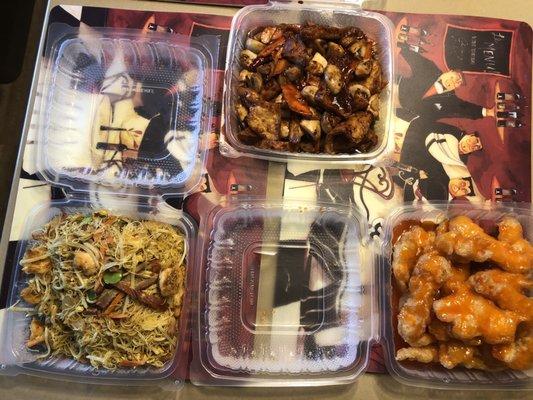 Lockdown to go.  Singapore rice noodle, Mushroom tofu, Orange chicken