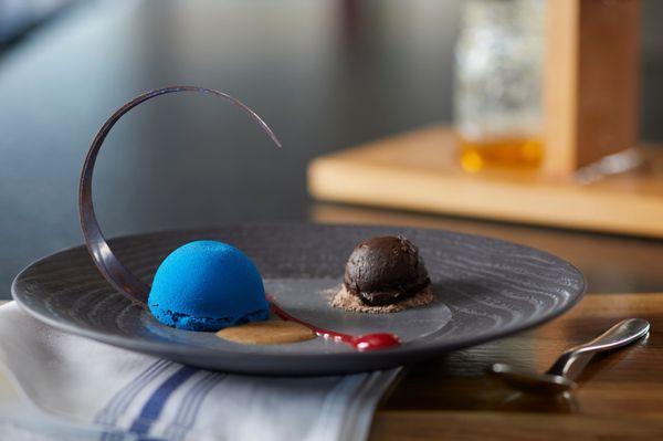 Blue Dome dessert with our own rooftop Bee Honey.