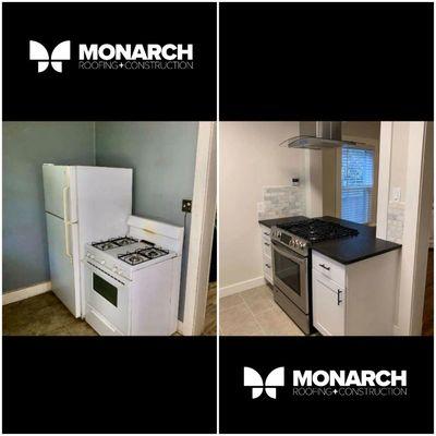 Before and after of small kitchen renovation. We relocated the fridge, opened wall, installed new cabinets, granite, tile and appliances