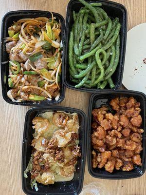 Beef, Hoisin String Beans, Honey Walnut Prawns, Orange Chicken