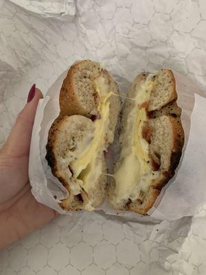 Bacon egg and cheese on an everything bagel