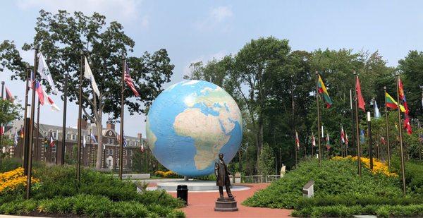 The Babson College globe plaza surrounded by flags and flora. Fabulous.