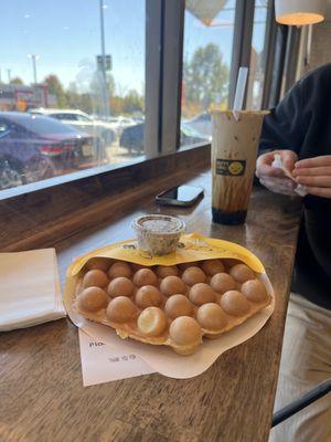 original bubble waffle with oreo puff cream and okinawa roasted milk tea