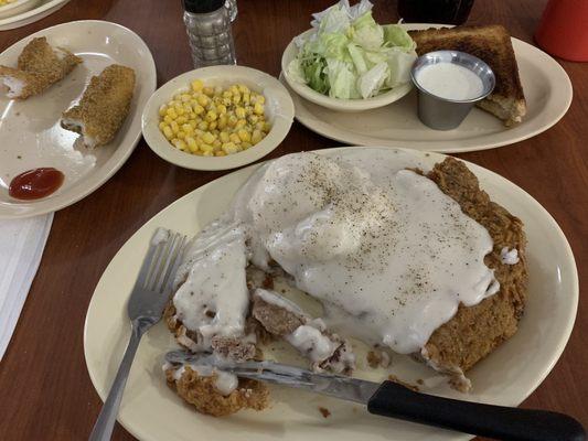 Chicken fried steak, mashed potatoes and gravy, corn, salad with homemade ranch dressing and a fried catfish filet!!