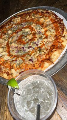 Buffalo chicken pizza and tequila sour cream