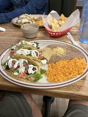 House Tacos with rice and beans.