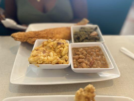 Fish dinner with northern beans, mac n cheese, and green beans