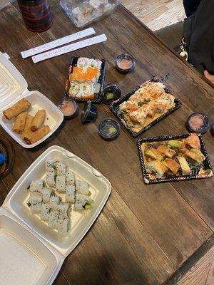 Vegan rolls, vegetable spring rolls, California rolls and other rolls.