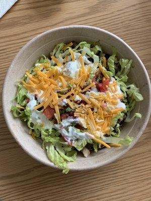 Half steak, half chicken burrito bowl.