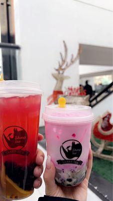 Unique Fruit Tea with boba (left) & Pink Panther Dragon Milk with boba (right)