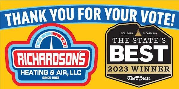 Thank You to All of our Customers who Voted us The States Best HVAC company in Columbia, SC for 2023!