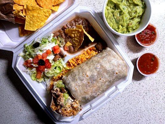 super burrito plate + chips + guacamole - cilantro's mexican restaurant (delivered by doordash) -sacramento