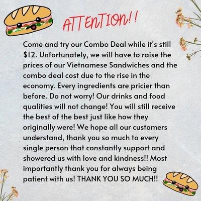 Banh Mi upcoming price changes (please read for further details) 

Effective October 1st, 2022