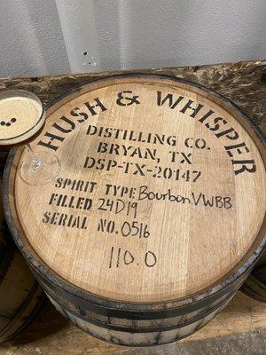 A barrel of Hush & Whisper's upcoming bourbon