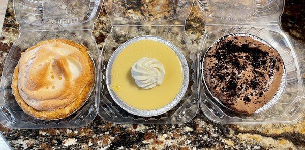 Lemon Meringue, key lime, triple chocolate single pies