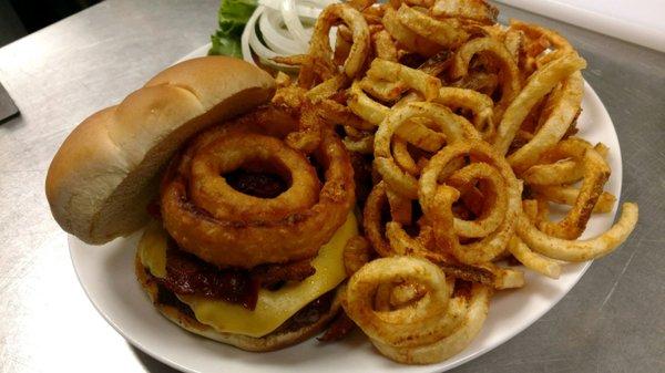 BBQ bacon burger with curly fries