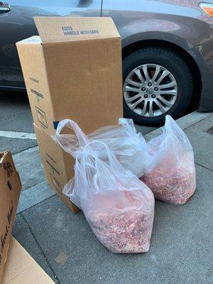 In front of the store they leave out big bags of ground meat in bags, on the street.