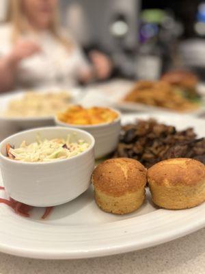 Cornbread, coleslaw, Mac and cheese, pulled pork