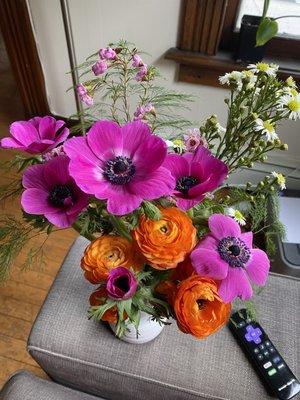 Bright ranunculuses and anemones for a birthday bouquet