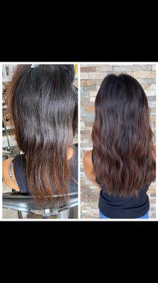 Before and after micro link extensions for length and fullness by Danielle aka Dani