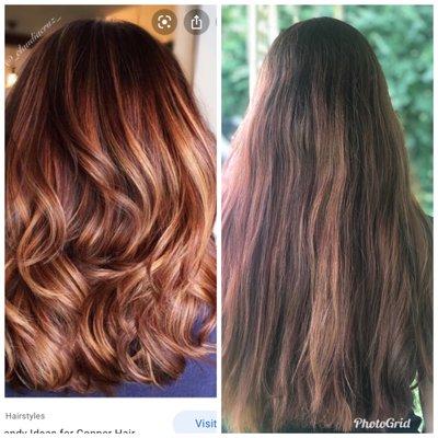 What she wanted and what she got. Patchy dye job, uneven coloring, no brightness. And she was charged for this