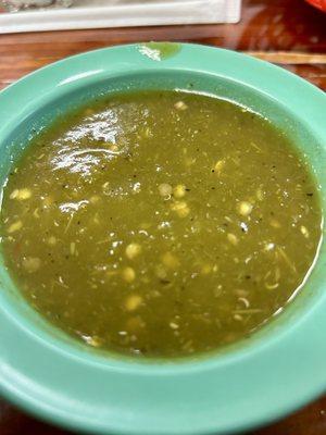 Omg people the green salsa is awesome!  It's served warm and has a slight spicy kick!  Love it!!