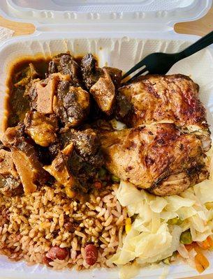 Half Oxtails / Half Jerk Chicken Dinner w/ Peas n' Rice & Cabbage!